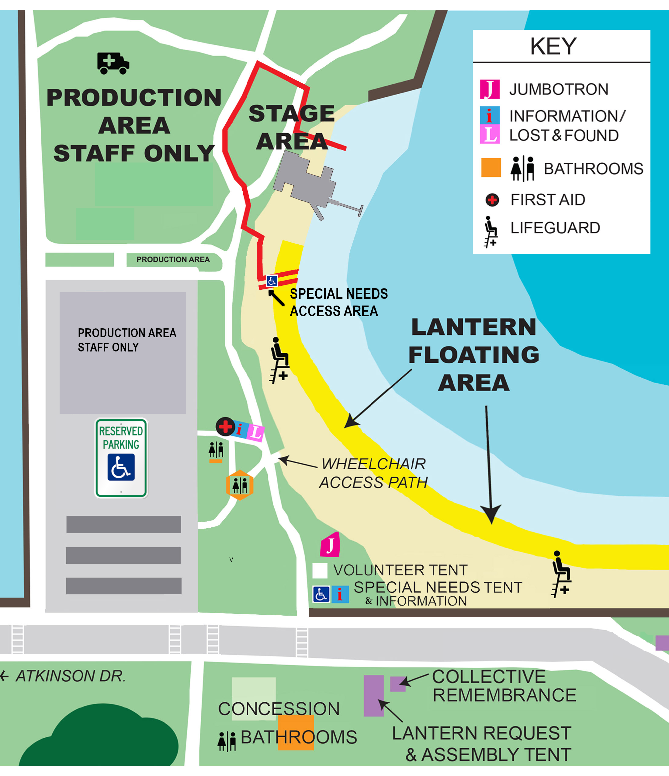 Map showing location of accessible resources. Accessible parking is located in the Magic Island parking lot. There is an accessible area for floating your lantern closer to the stage side of the beach near Magic Island. Additionally, there's a tent for Special Needs assistance along Ala Moana Park Dr, across the street from the L&L concessions.