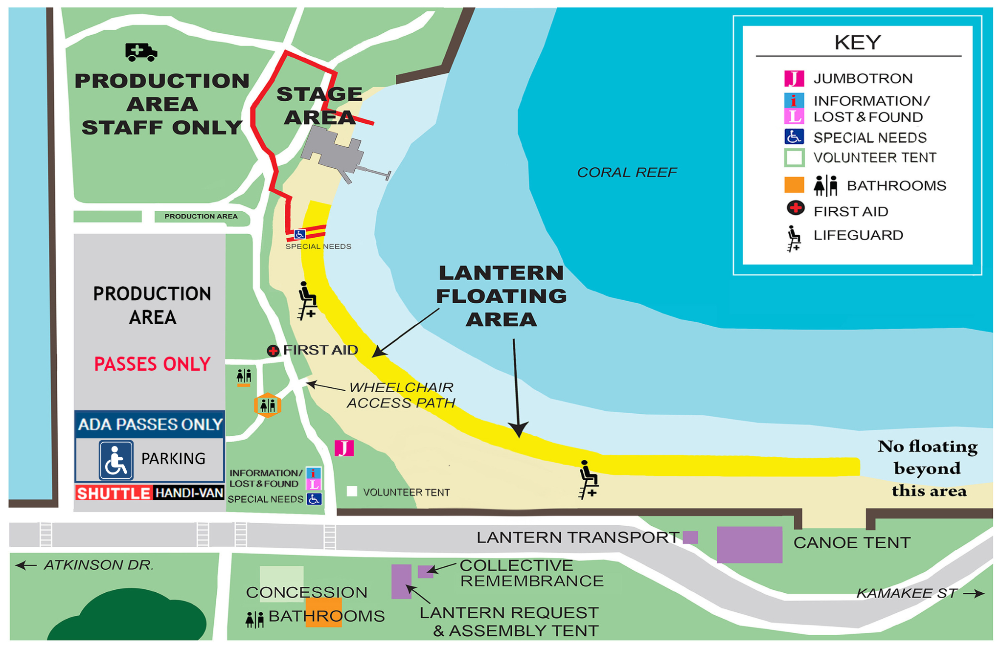 Map showing location of accessible resources. Accessible parking is located in the Magic Island parking lot. There is an accessible area for floating your lantern closer to the stage side of the beach near Magic Island. Additionally, there's a tent for Special Needs assistance along Ala Moana Park Dr, across the street from the L&L concessions.